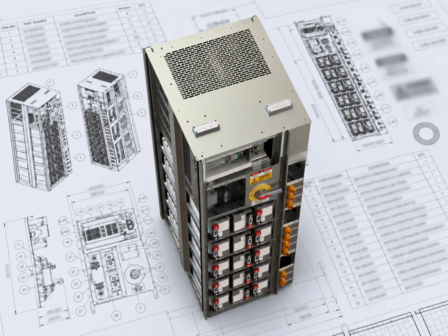Where a design ends up: the 2D drawings and 3D model of a battery cabinet our engineering team delivered. Client branding removed.