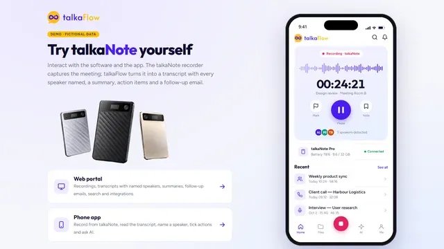 talkaNote · AI 会议录音卡 · 界面截图